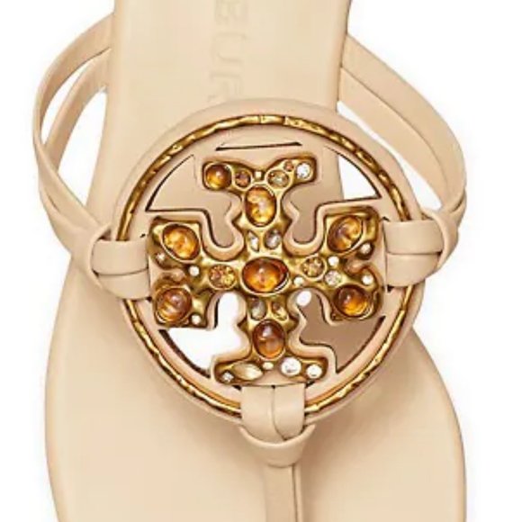 Tory Burch NIB Miller Jeweled Leather Thong Sandals Brie Cream Beige - Picture 12 of 15
